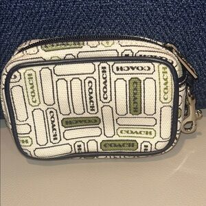 Coach Mini Signature Print Crossbody Pouch in White, Black & Green